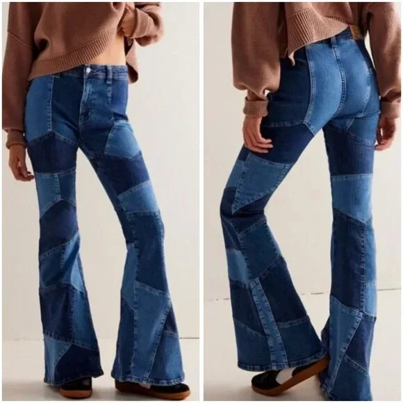 Free People We The Free No Boundaries Patchwork Flare Bell Bottom Jeans (26) - Picture 2 of 14